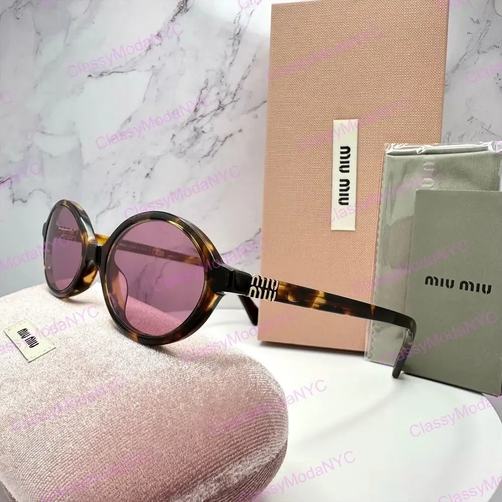 New MIU MIU Sunglasses Brown Tortoise Round Acetate Gold Metal Logo Authentic